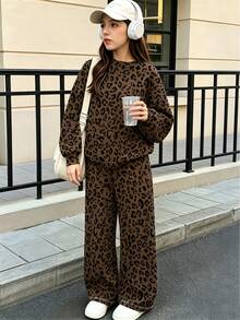 SHEIN Tween Girls Leopard Print Sweatshirt & Wide Leg Pants Set, Brown Black Cozy Casual Outfit, Fall Winter, 2 Pieces - Multicolor - View 4