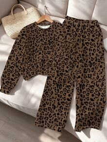 SHEIN Tween Girls Leopard Print Sweatshirt & Wide Leg Pants Set, Brown Black Cozy Casual Outfit, Fall Winter, 2 Pieces - Multicolor - View 5