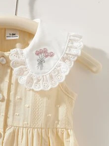 SHEIN 女嬰優雅甜美刺繡荷葉領提花無袖薄款洋裝 柔和色系夏季可愛新生兒服裝 適用派對拍照 0-1歲 - 米色 - 查看 8