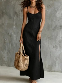 Glimmora Women's Solid Color Textured Elegant Sexy Hemline Slit Cami Dress Vacation Night Out Black Summer - Black - View 3