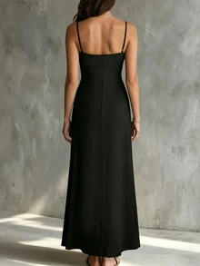 Glimmora Women's Solid Color Textured Elegant Sexy Hemline Slit Cami Dress Vacation Night Out Black Summer - Black - View 2