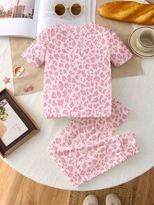 SHEIN LMoss Kids 女童可愛粉色印花睡衣套裝，舒適休閒居家服，適合日常穿著，女童秋季服飾，女童衣著，女童睡衣套裝，女童緊身衣 - 彩色 - 查看 3
