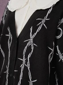 ROMWE Dark Gothic Halloween Thorn Jacquard Loose Open Front Cardigan - Black - View 7