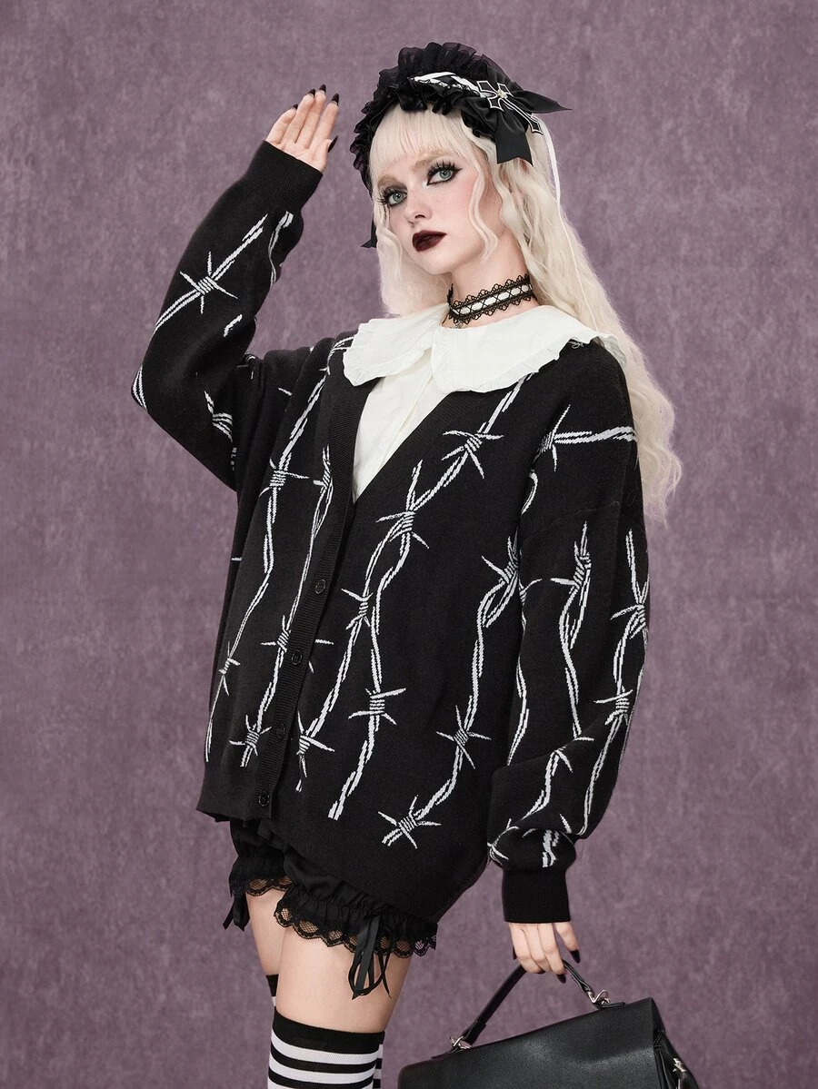 ROMWE Dark Gothic Halloween Thorn Jacquard Loose Open Front Cardigan - Black - View 1