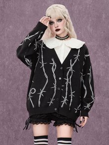 ROMWE Dark Gothic Halloween Thorn Jacquard Loose Open Front Cardigan - Black - View 4