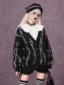 ROMWE Dark Gothic Halloween Thorn Jacquard Loose Open Front Cardigan - Black - View 6