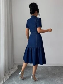 Elenzga Fall Casual Vintage A Line Button Up Collar Belted Short Sleeve Blue Denim Going Out Daily Wear Denim Dress For Women - Dark Wash - View 2