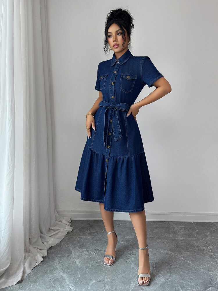 Elenzga Fall Casual Vintage A Line Button Up Collar Belted Short Sleeve Blue Denim Going Out Daily Wear Denim Dress For Women - Dark Wash - View 6