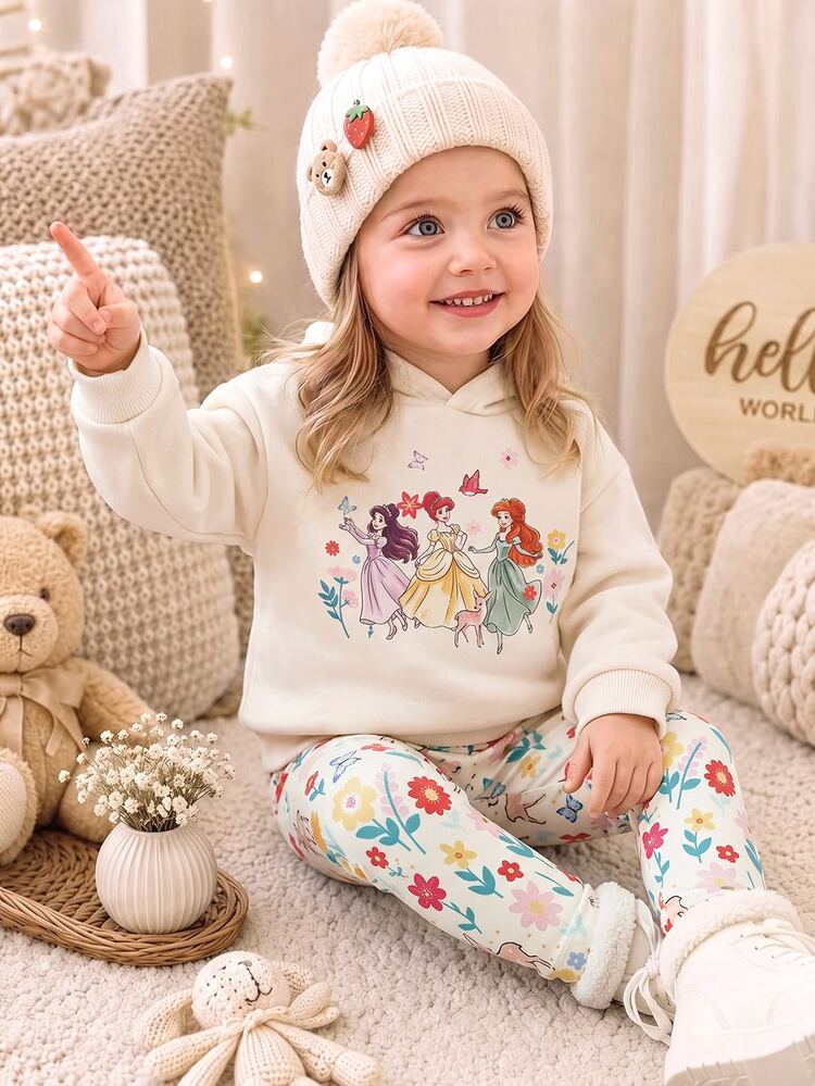 Baby Girl Fleece Hooded Sweatshirt & All-Over Ditsy Floral Long Pants 2pcs Set, Cute Princess Cartoon Pattern Sports Outfit For Baby GirlAutumn Winter - Multicolor - View 3