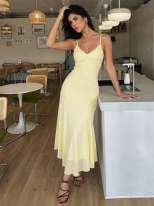 Firerie Women's Solid Color Contrast Lace Elegant Romantic Spaghetti Strap Dress Brunch Pale Yellow Summer - Light Yellow - View 3