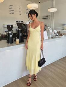 Firerie Women's Solid Color Contrast Lace Elegant Romantic Spaghetti Strap Dress Brunch Pale Yellow Summer - Light Yellow - View 4