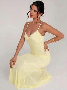 Firerie Women's Solid Color Contrast Lace Elegant Romantic Spaghetti Strap Dress Brunch Pale Yellow Summer - Light Yellow - View 10