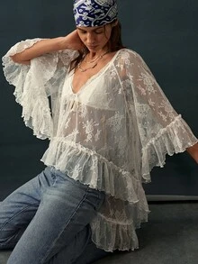 Bohemela 夏/秋波西米亞復古度假風女款編織荷葉邊寬鬆花卉蕾絲拼接性感透視休閒襯衫，日常穿著與演唱會派對穿搭 - 白色 - 查看 4