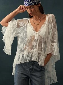 Bohemela 夏/秋波西米亞復古度假風女款編織荷葉邊寬鬆花卉蕾絲拼接性感透視休閒襯衫，日常穿著與演唱會派對穿搭 - 白色 - 查看 5