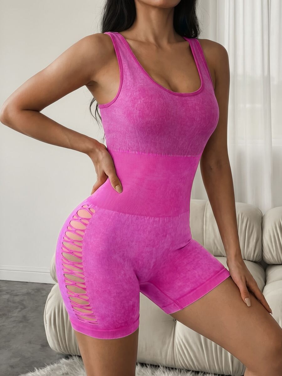 Gameset SHEIN Sport 女士洋紅色無縫高彈性露背連身褲,夏季性感皮拉提斯休閒運動健身連身褲,塑身收腹 - 玫紅色 - 查看 1