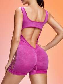 Gameset SHEIN Sport 女士洋紅色無縫高彈性露背連身褲，夏季性感皮拉提斯休閒運動健身連身褲，塑身收腹 - 玫紅色 - 查看 2