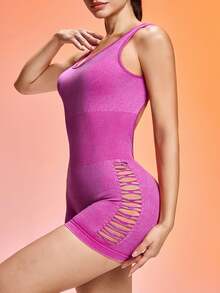 Gameset SHEIN Sport 女士洋紅色無縫高彈性露背連身褲，夏季性感皮拉提斯休閒運動健身連身褲，塑身收腹 - 玫紅色 - 查看 3