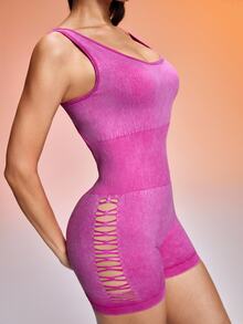 Gameset SHEIN Sport 女士洋紅色無縫高彈性露背連身褲，夏季性感皮拉提斯休閒運動健身連身褲，塑身收腹 - 玫紅色 - 查看 5