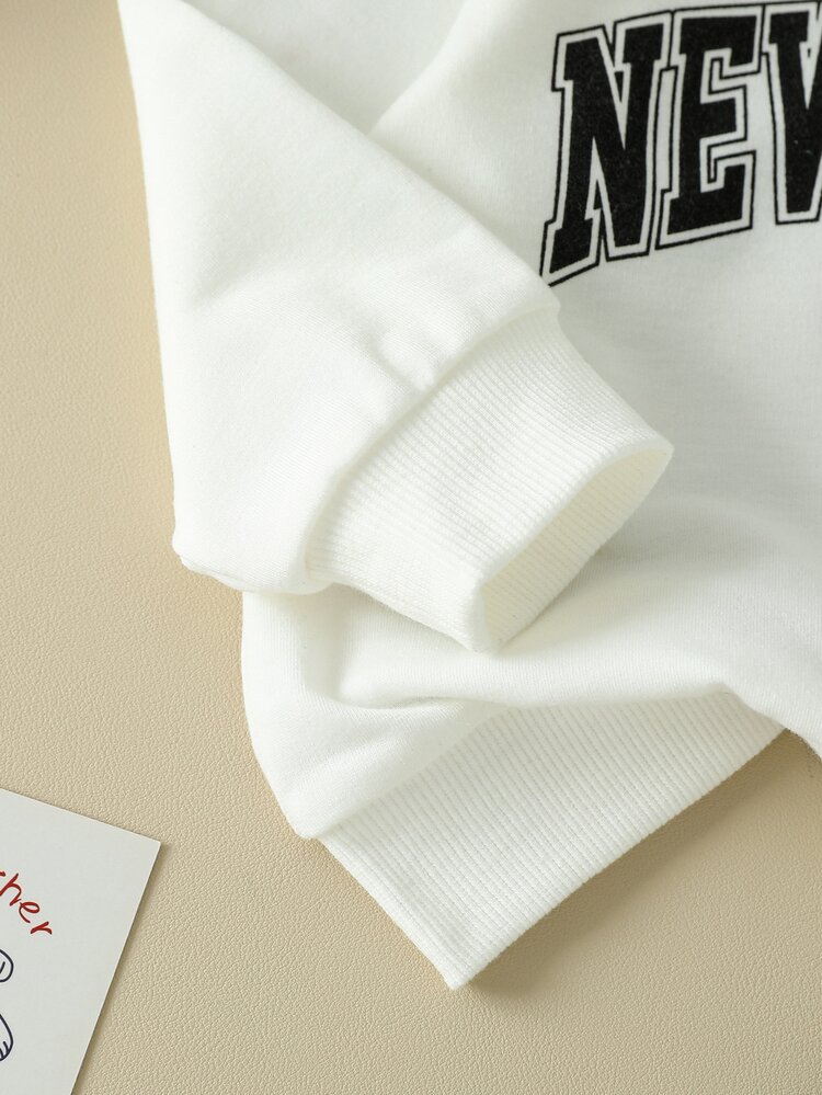 SHEIN 2Pcs Baby Boy Sweatshirt Pants Preppy White Grey Letter Print Ripped Long Sleeve Round Neck Regular Outdoor Fall Halloween Christmas Elastic Waist - Black - View 10