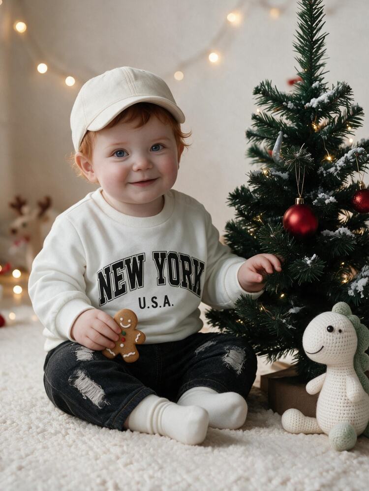 SHEIN 2Pcs Baby Boy Sweatshirt Pants Preppy White Grey Letter Print Ripped Long Sleeve Round Neck Regular Outdoor Fall Halloween Christmas Elastic Waist - Black - View 1