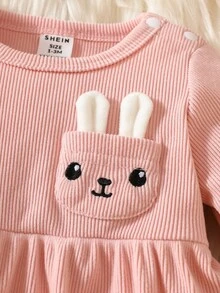 SHEIN Newborn Baby Girls 0-9M Long Sleeve Dress+Socks Set,Light Pink,Spring,Cute Plush Rabbit Embroidery Soft Fleece Dress With Lace Trim,Autumn/Winter Gift - Pink - View 6