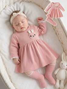 SHEIN Newborn Baby Girls 0-9M Long Sleeve Dress+Socks Set,Light Pink,Spring,Cute Plush Rabbit Embroidery Soft Fleece Dress With Lace Trim,Autumn/Winter Gift - Pink - View 2