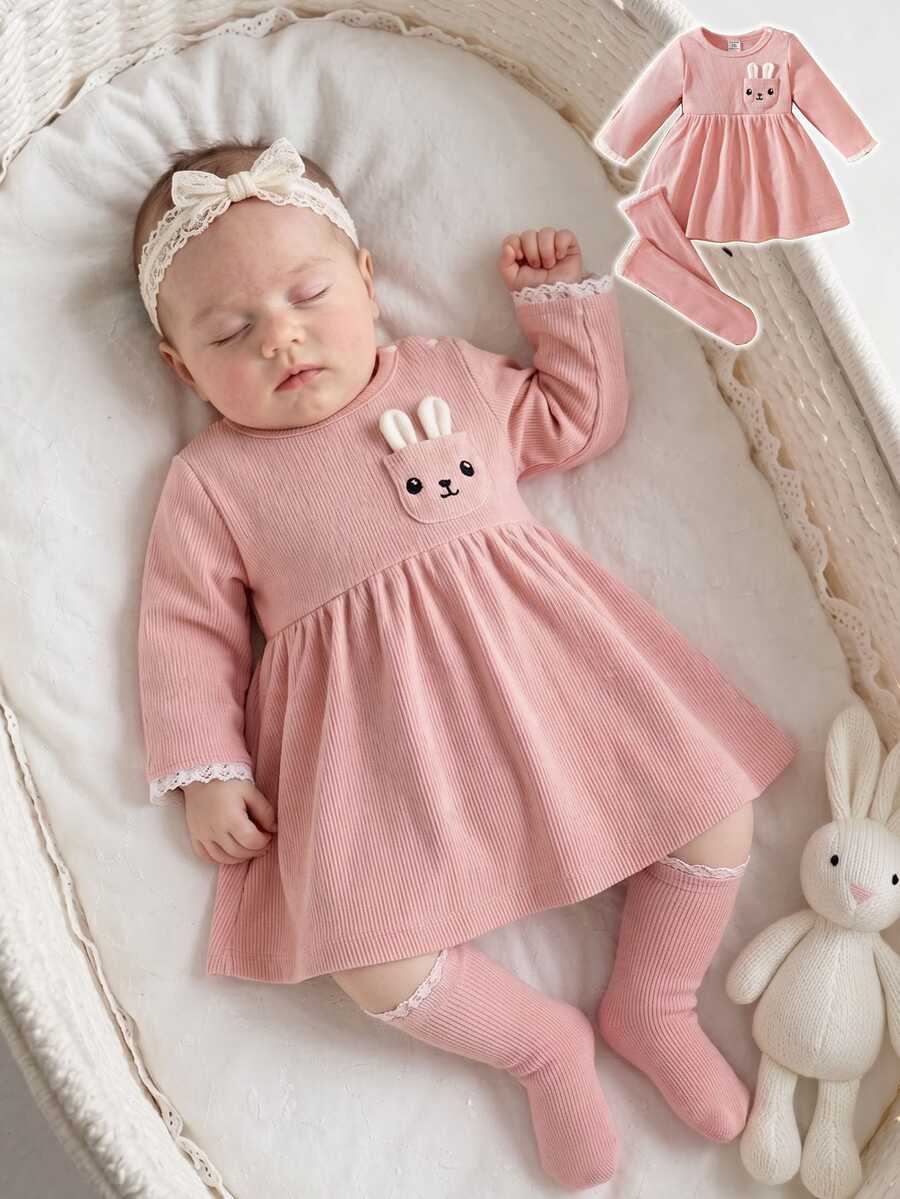 SHEIN Newborn Baby Girls 0-9M Long Sleeve Dress+Socks Set,Light Pink,Spring,Cute Plush Rabbit Embroidery Soft Fleece Dress With Lace Trim,Autumn/Winter Gift