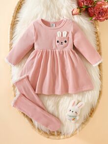 SHEIN Newborn Baby Girls 0-9M Long Sleeve Dress+Socks Set,Light Pink,Spring,Cute Plush Rabbit Embroidery Soft Fleece Dress With Lace Trim,Autumn/Winter Gift - Pink - View 3