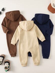 LMoss Kids Baby Boy Knit Solid Color Letter Pattern Hooded Casual Romper 3pcs -Piece Set - Multicolor - View 2