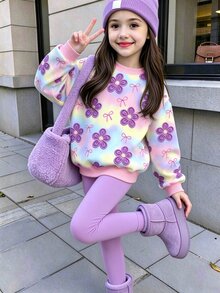 幼女紮染花卉蝴蝶結印花圓領運動衫 + 純色彈性內搭褲休閒兩件套 秋冬 - 彩色 - 查看 3