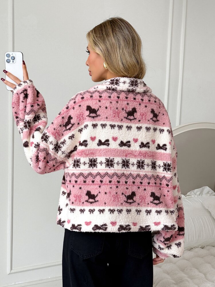 Easowa Sweatshirt Wanita Musim Gugur Musim Dingin Motif Kepingan Salju Lengan Panjang Bahu Longgar dengan Resleting, Cocok untuk Perjalanan Sehari-hari, Warna Putih dan Merah Muda, Gaya Y2k yang Lucu - MultiWarna - View 5