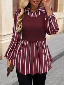 SHEIN LUNE Women's Striped Patchwork Long Sleeve Button-Up Top - Red - View 1