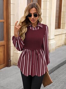 SHEIN LUNE Women's Striped Patchwork Long Sleeve Button-Up Top - Red - View 4