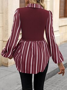 SHEIN LUNE Women's Striped Patchwork Long Sleeve Button-Up Top - Red - View 2
