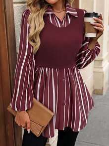 SHEIN LUNE Women's Striped Patchwork Long Sleeve Button-Up Top - Red - View 3