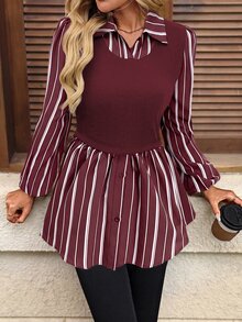 SHEIN LUNE Women's Striped Patchwork Long Sleeve Button-Up Top - Red - View 6