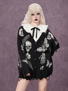 ROMWE Goth 暗黑哥德風骷髏飛蛾植物提花寬鬆開襟衫 - 黑色 - 查看 7