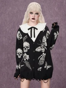 ROMWE Goth 暗黑哥德風骷髏飛蛾植物提花寬鬆開襟衫 - 黑色 - 查看 5