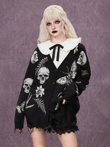 ROMWE Goth 暗黑哥德風骷髏飛蛾植物提花寬鬆開襟衫 - 黑色 - 查看 8