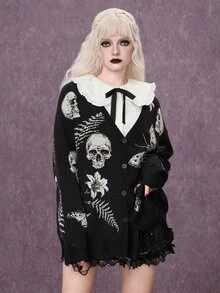 ROMWE Goth 暗黑哥德風骷髏飛蛾植物提花寬鬆開襟衫 - 黑色 - 查看 9