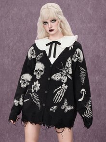 ROMWE Goth 暗黑哥德風骷髏飛蛾植物提花寬鬆開襟衫 - 黑色 - 查看 6