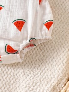 SHEIN 2pcs Newborn Baby Girl Bodysuit Premium Watermelon Fruit Print Cotton Muslin Short Sleeve Flutter Sleeve Regular Summer Essential Bodysuit With Headband - Red - View 7