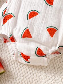 SHEIN 2pcs Newborn Baby Girl Bodysuit Premium Watermelon Fruit Print Cotton Muslin Short Sleeve Flutter Sleeve Regular Summer Essential Bodysuit With Headband - Red - View 6