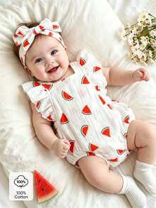 SHEIN 2pcs Newborn Baby Girl Bodysuit Premium Watermelon Fruit Print Cotton Muslin Short Sleeve Flutter Sleeve Regular Summer Essential Bodysuit With Headband - Red - View 2