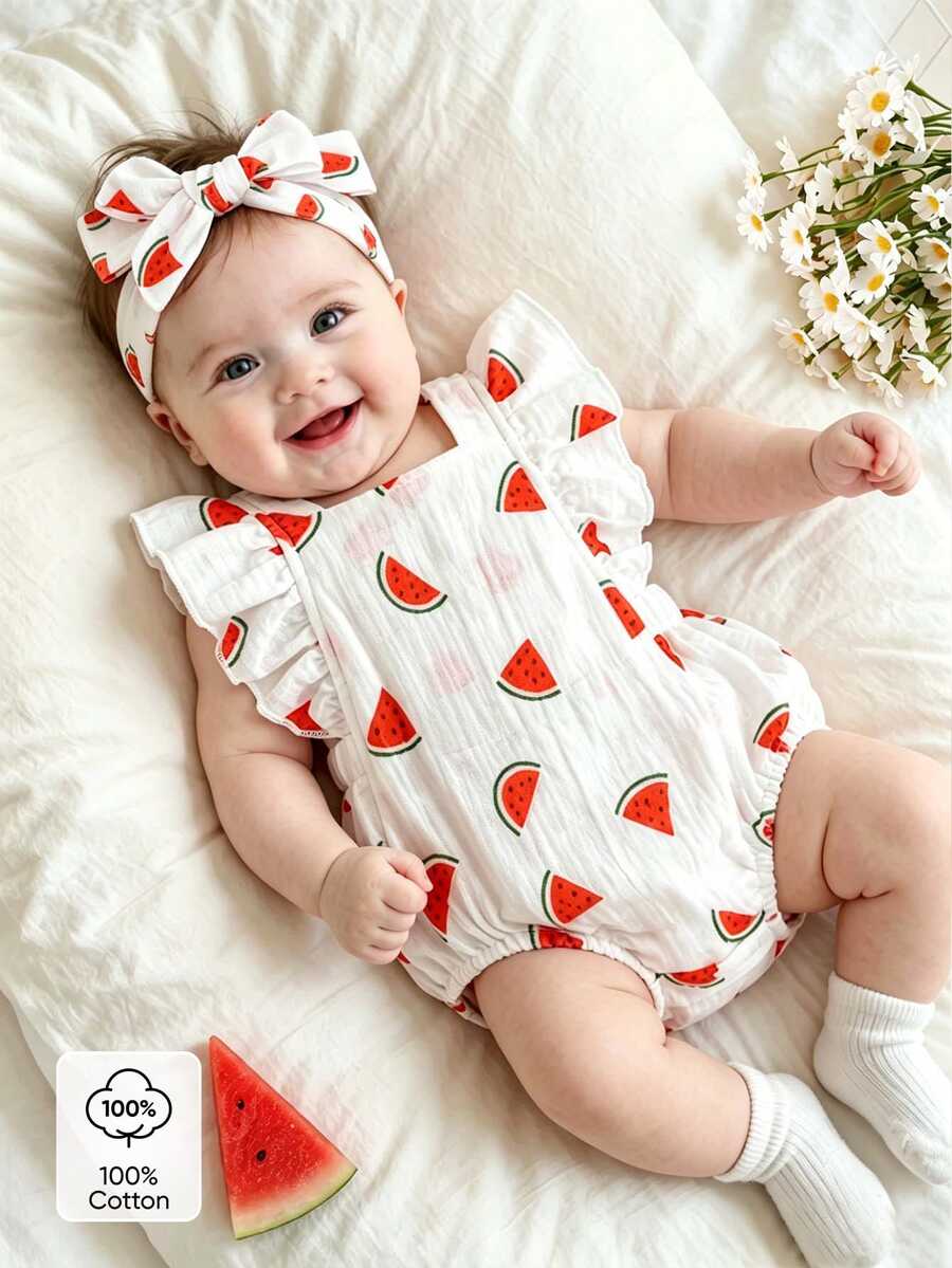 SHEIN 2pcs Newborn Baby Girl Bodysuit Premium Watermelon Fruit Print Cotton Muslin Short Sleeve Flutter Sleeve Regular Summer Essential Bodysuit With Headband
