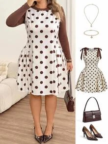 SHEIN CURVE+ Plus Size Women's Polka Dot Pleated Casual Summer Party Dress - Multicolor - View 2