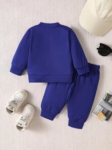 SHEIN Playful Pals 2件組男嬰休閒多色條紋襯衫與牛仔褲套裝 秋季返校穿搭 - 藍色 - 查看 4