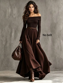 SHEIN Women's Fashion Commute Autumn/Winter 2 Pieces Set, Square Neck Top And Skirt Outfit, Brown, Suitable For Going Out And Office Wear Women's Set - Brown - View 3