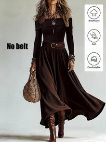 SHEIN Women's Fashion Commute Autumn/Winter 2 Pieces Set, Square Neck Top And Skirt Outfit, Brown, Suitable For Going Out And Office Wear Women's Set - Brown - View 9