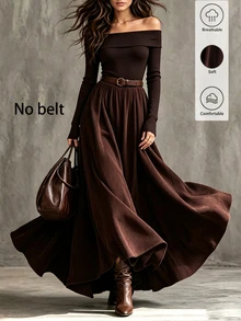 SHEIN Women's Fashion Commute Autumn/Winter 2 Pieces Set, Square Neck Top And Skirt Outfit, Brown, Suitable For Going Out And Office Wear Women's Set - Brown - View 2